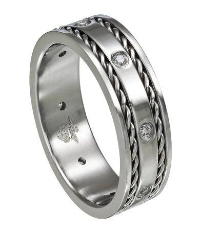 Slope gem ring-Stainless Steel Wedding Band with CZ's and Woven Edging-8mm