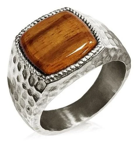 Shimmering quartz ring-Stainless Steel Hammer Style Cherry Wood Inlay Signet Style Ring-13mm