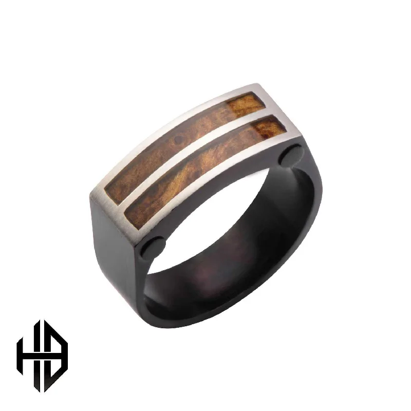 Rich garnet ring-Hollis Bahringer Black Plated with Inlayed Palisander Rose Wood Ring