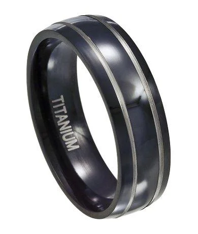 Diffracted crystal ring-Men's Black Titanium Band with Silver Bands and Polished Finish | 7mm