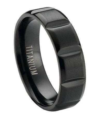 Smooth aluminum ring-Matte Finished Black Titanium Wedding Ring with Vertical Grooves | 6mm