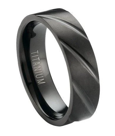 Frayed edge ring-Matte-Finished Black Titanium Band with Diagonal Grooves | 6mm