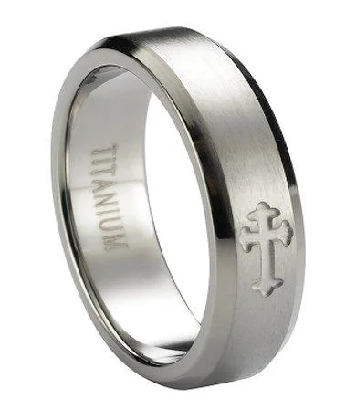 Celestial moon ring-Satin-Finished Men's Titanium Ring Single Cross and Beveled Edges | 6mm