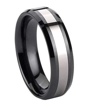 Glossy moonstone ring-Black Ceramic & Tungsten Ring with Beveled Edges - 8mm