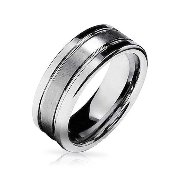 Satin granite ring-Tungsten Satin-Finish Grooved Wedding Ring with Polished Edges | 8mm