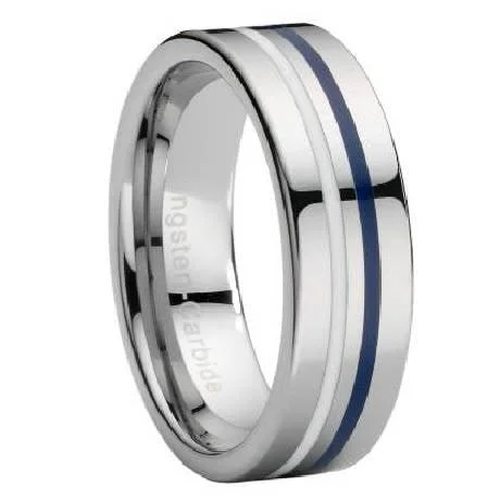 High cabochon ring-Tungsten Ring with White & Navy Blue Enamel Stripe-8mm