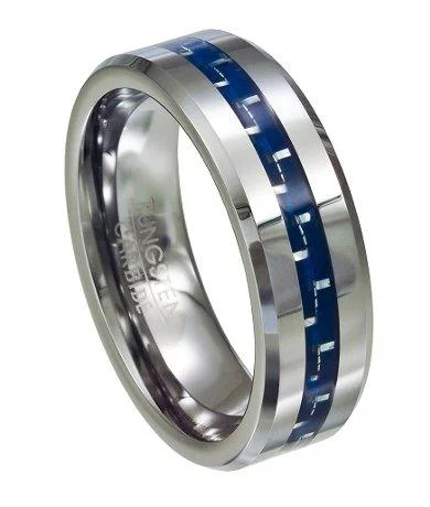 Flecked band ring-Tungsten and Blue Carbon Fiber Polished Ring with Beveled Edge | 8mm