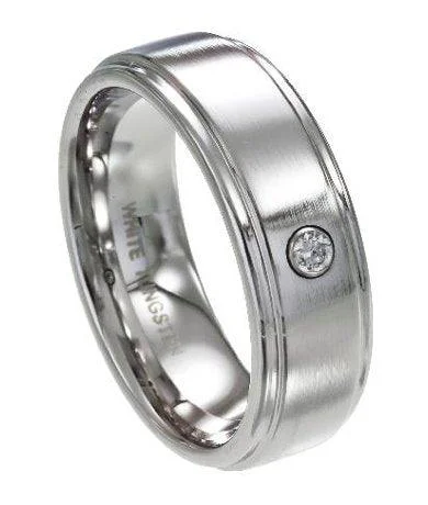 Vintage topaz ring-Men's White Tungsten Ring with Single CZ and Polished Edges | 8mm