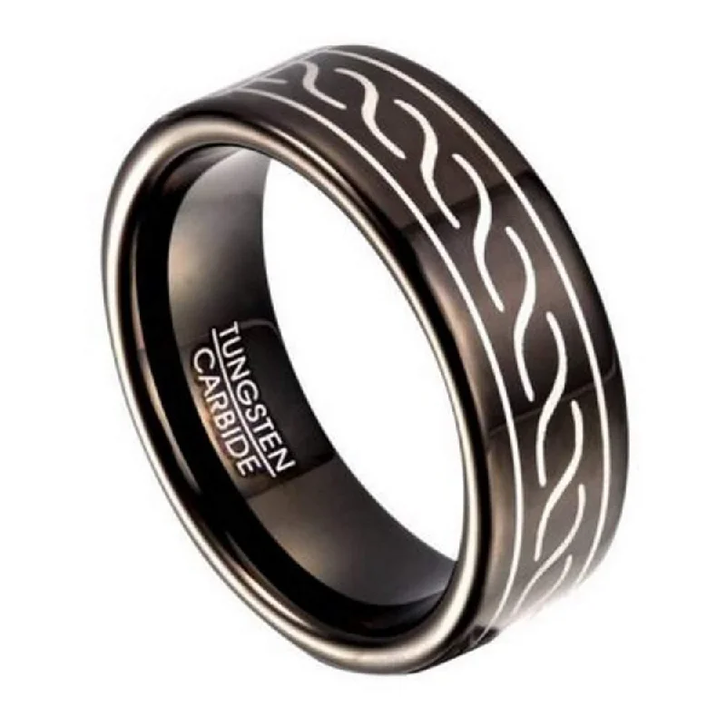 Mottled finish ring-Polished Black Tungsten Ring for Men with Wave Design | 8mm