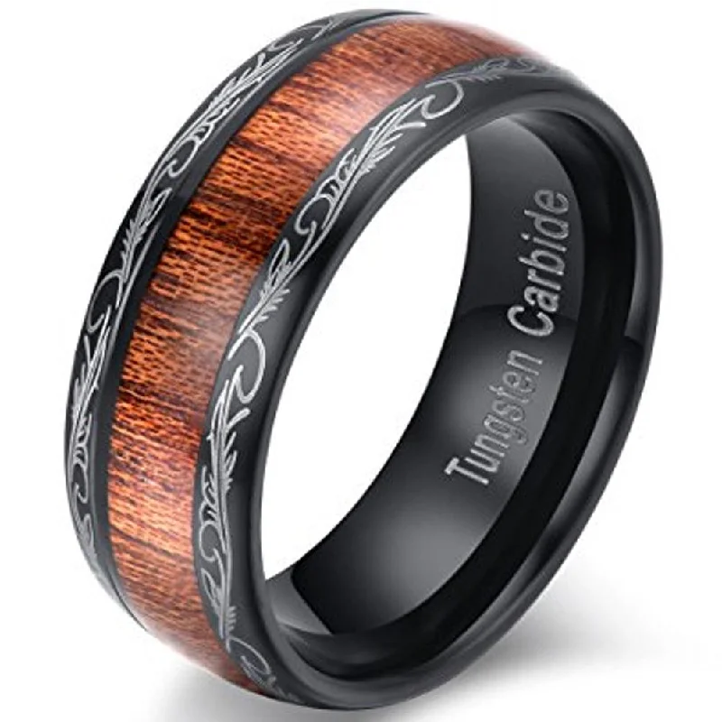 Flare sun ring-Black Tungsten Koa Wood Ring with Tribal Edge Design | 8mm