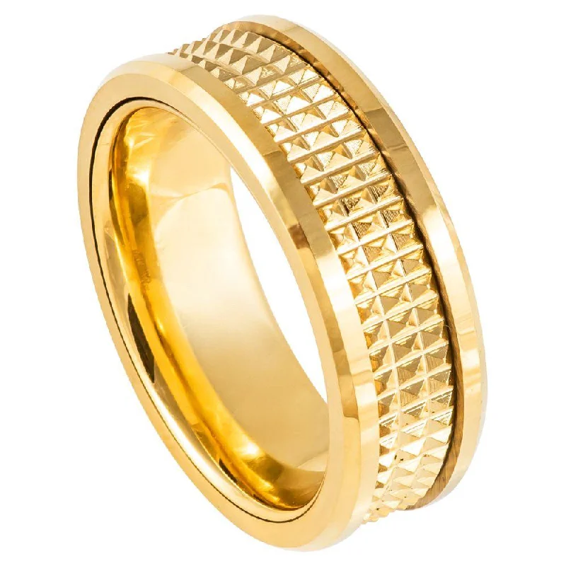 Smooth-cut ring-Tungsten Yellow Gold Plated IP with Center Basket Weave-8mm