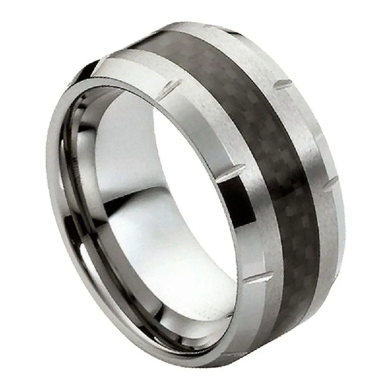 Open coil ring-Tungsten Black Carbon Fiber Inlay with Multiple Grooved Edge l 10mm