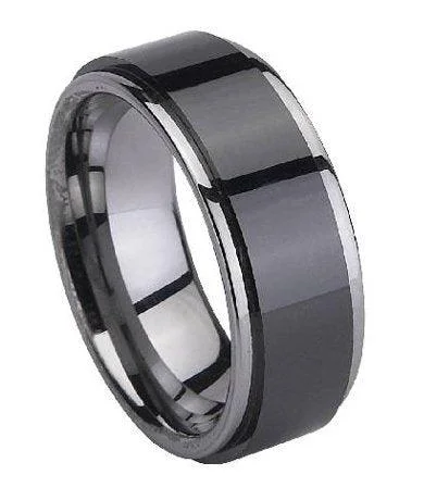 Untamed pearl ring-Tungsten Black Ceramic-Coated Ring with Polished Edges | 8mm