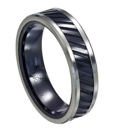 Carved pattern ring-Tungsten and Black Ceramic Ring