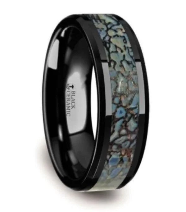 Delicate weave ring-PERMIAN Blue Dinosaur Bone Inlaid Black Ceramic Beveled Edged Ring