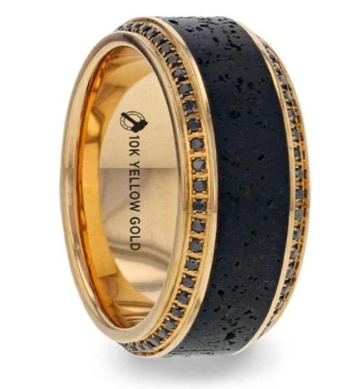 Bold tier ring-HYPERION Lava Inlaid 10KY Gold Polished Beveled Edges Round Black Diamonds