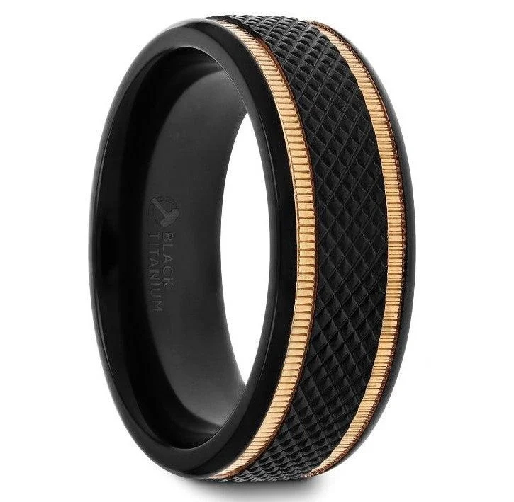 Light silver ring-BAROQUE Black Titanium Diamond Pattern Brushed Finish with Gold Milgrain Grooves