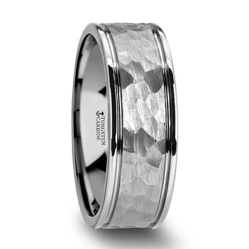 Satin granite ring-THORNTON Hammered Finish White Tungsten Carbide Raised Beveled Edge - 8mm