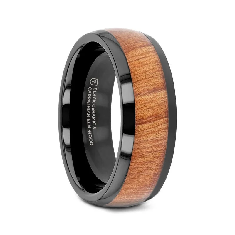 Slim diamond ring-ODYSSEY Black Ceramic Wedding Band with Domed Polished Finish and Carpathian Elm Wood Inlay - 8mm