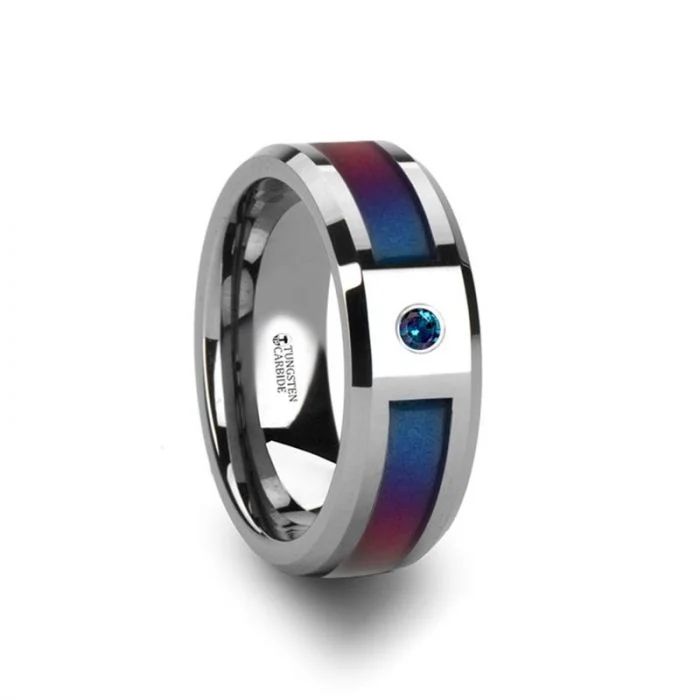 Tall gem ring-CERULEAN Tungsten Carbide Ring with Blue/Purple Color Changing Inlay and Alexandrite Setting - 8mm