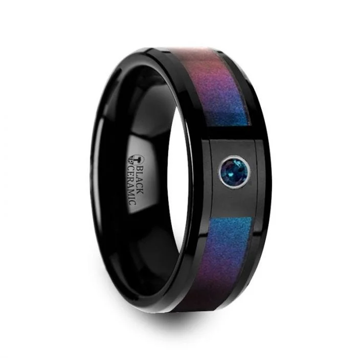 Optic ring-KLEIN Black Ceramic Ring with Blue & Purple Color Inlay and Alexandrite Setting - 8mm