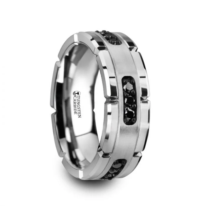 Hex gem ring-VALOR Grooved Tungsten Ring with Silver Inlay & Black Diamonds - 8mm