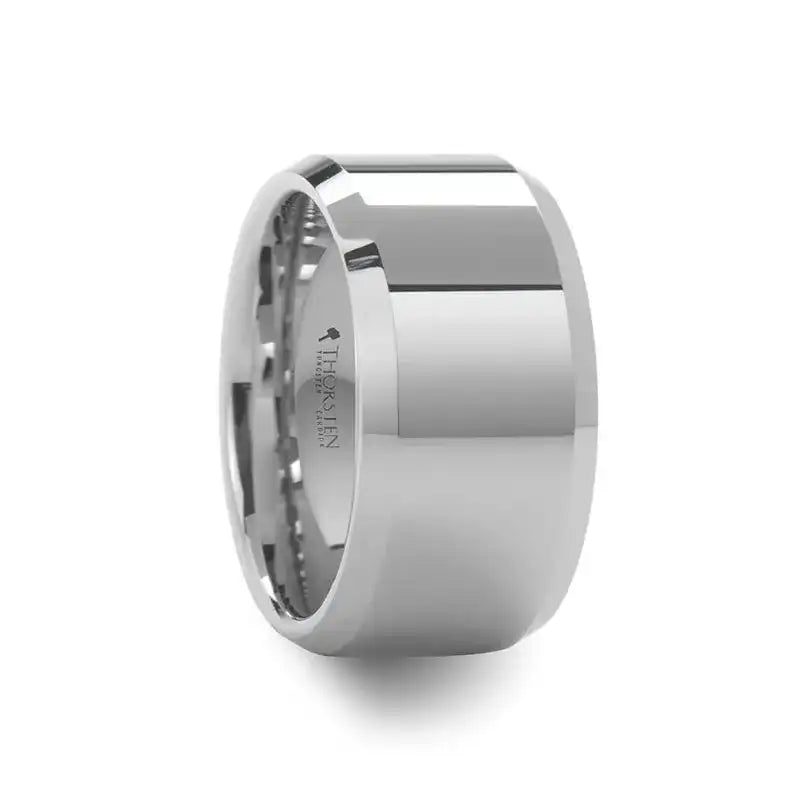 Curled rim ring-LICHFIELD White Tungsten Wedding Band with Beveled Edges and Polished Finish - 12mm