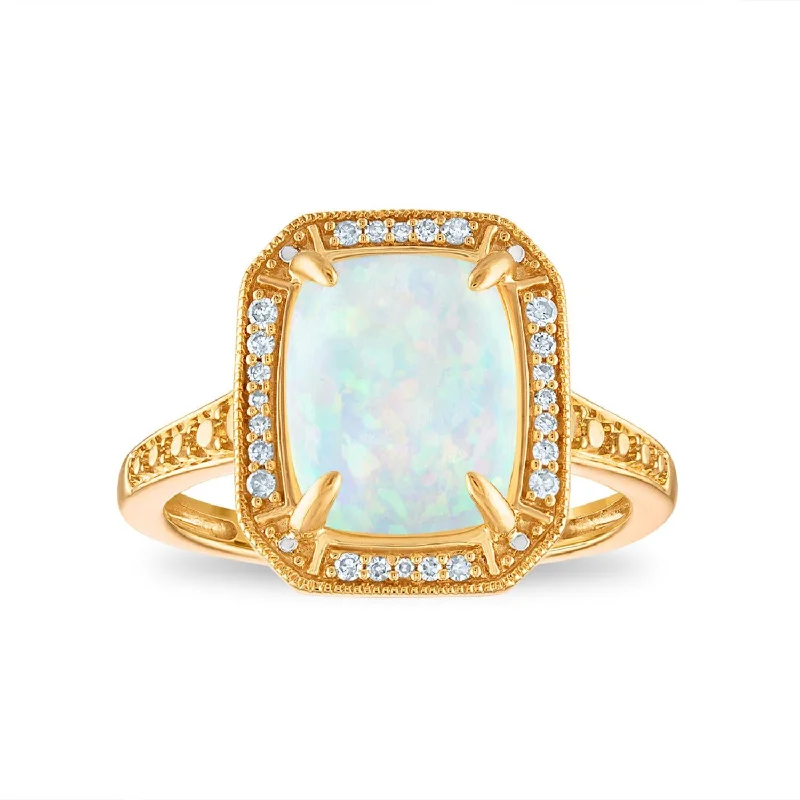 Thick-set pave ring-LoveSong 10X8MM Cushion Opal and Diamond Halo Ring in 10KT Yellow Gold