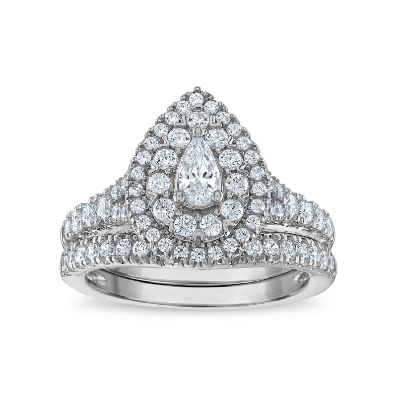 Wire-arc ring-LoveSong EcoLove 1 1/4 CTW Lab Grown Diamond Halo Bridal Set in 10KT White Gold