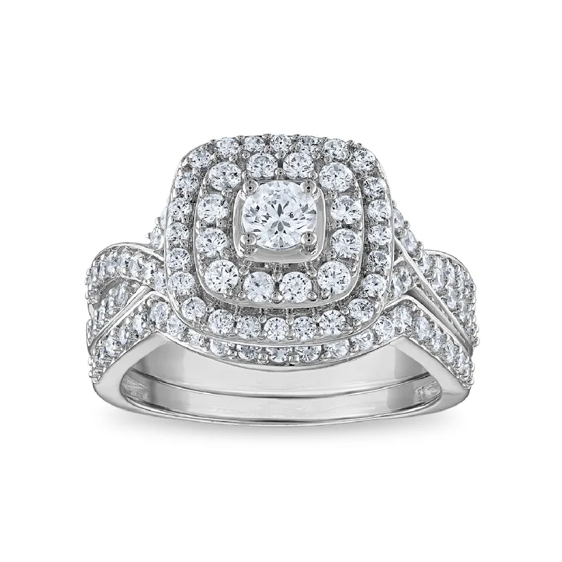 Lined band ring-LoveSong EcoLove 1 1/4 CTW Lab Grown Diamond Halo Bridal Set in 10KT White Gold