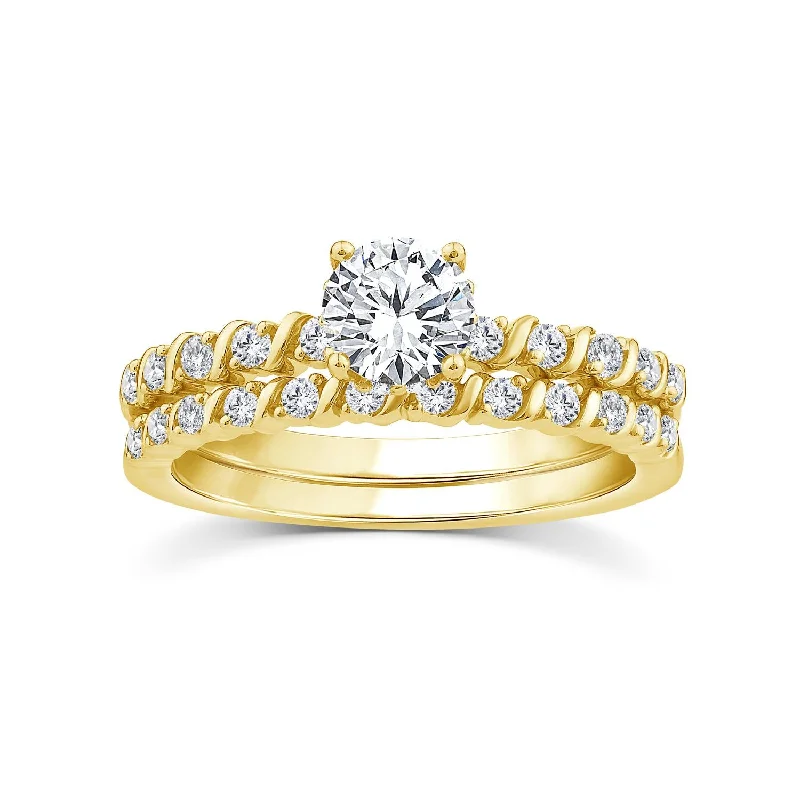 Carved pattern ring-EcoLove Green Pure 1 CTW Lab Grown Diamond Bridal Set in 10KT Yellow Gold