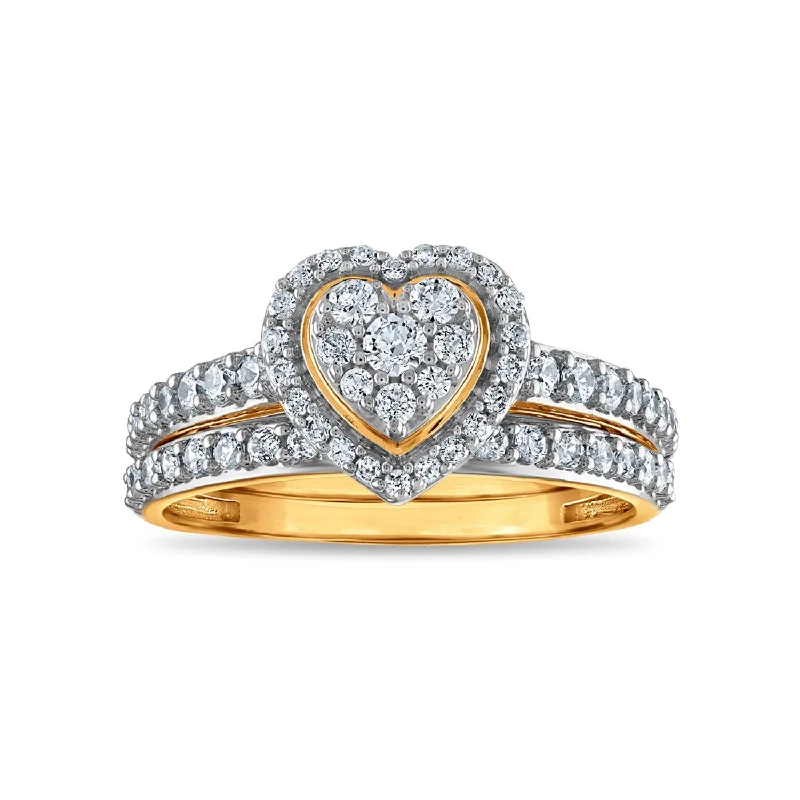 Fixed gem ring-LoveSong EcoLove 3/4 CTW Lab Grown Diamond Heart Halo Cluster Bridal Set in 10KT Yellow Gold