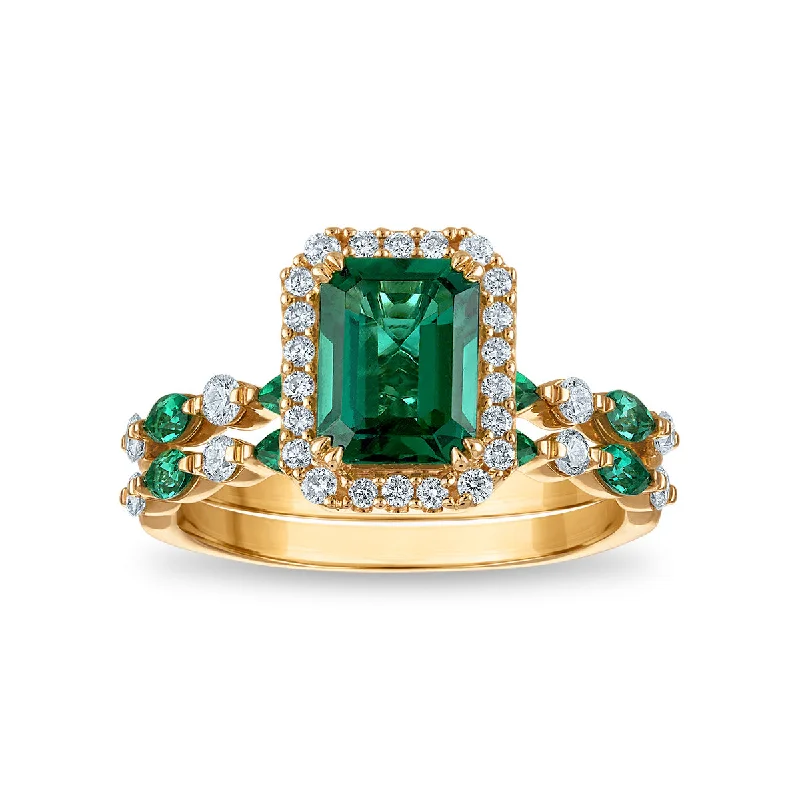 Arcing design ring-LoveSong EcoLove Emerald and Lab Grown Diamond Bridal Set in 10KT Yellow Gold