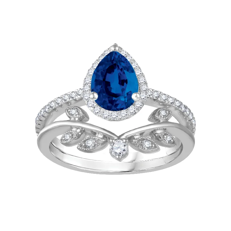 Coarse stone ring-LoveSong EcoLove Blue Sapphire and Diamond Halo Bridal Set in 10KT White Gold