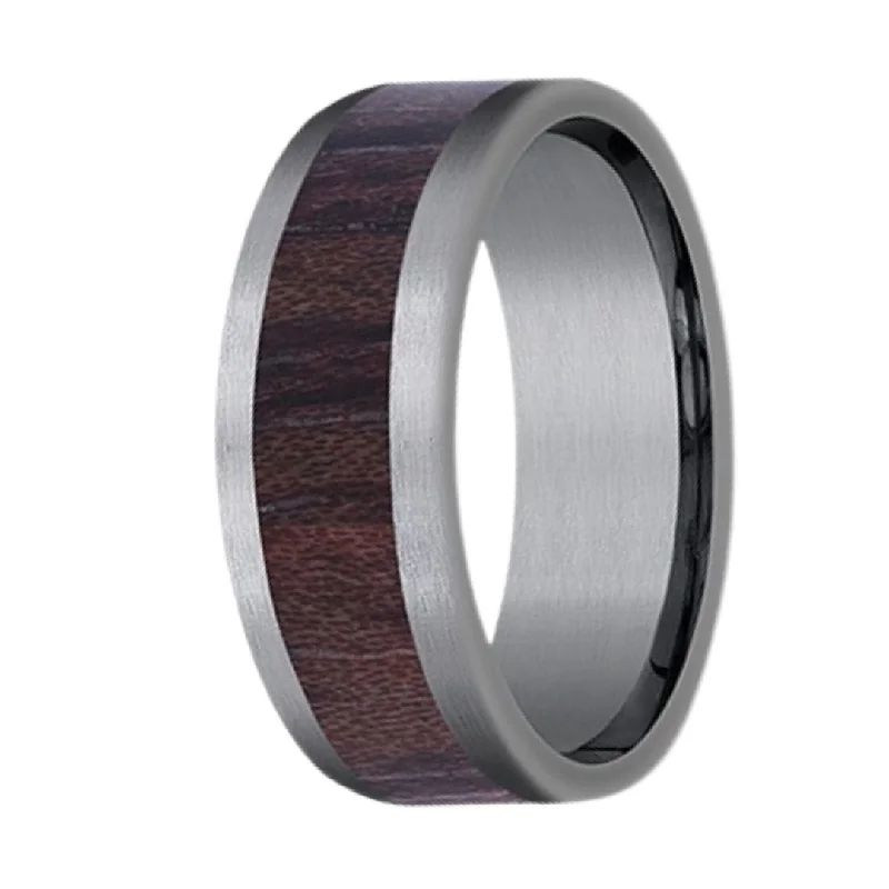 Octagon gem ring-Men's 8mm Grey Tantalum Ring with Wood Inlay Center Ring