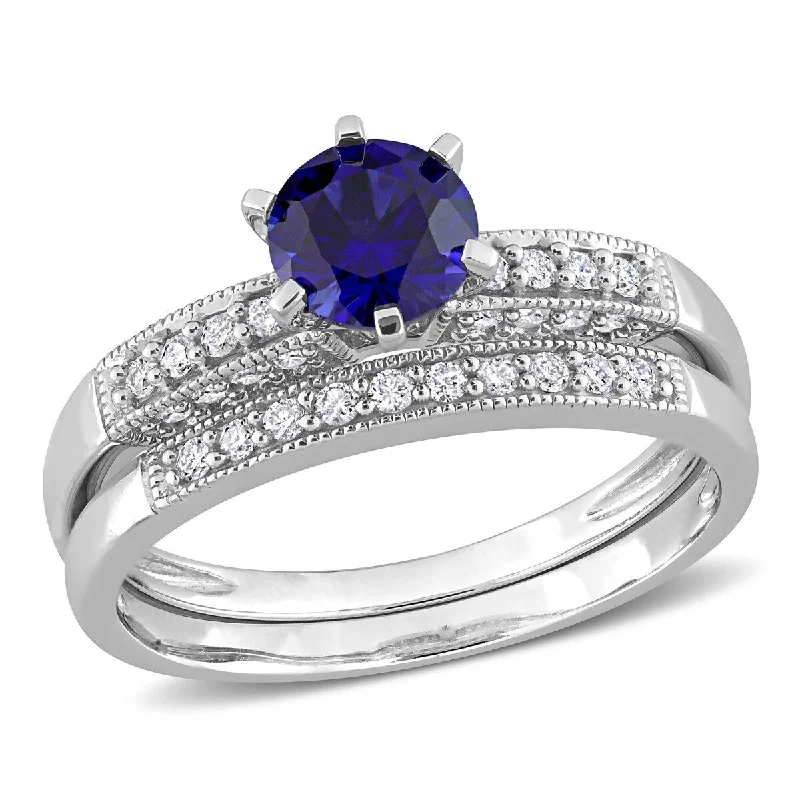 Chilly aquamarine ring-Miadora 1/3ct TW Diamond 1.25 CT TGW Created Blue Sapphire Bridal Set in 10k White Gold