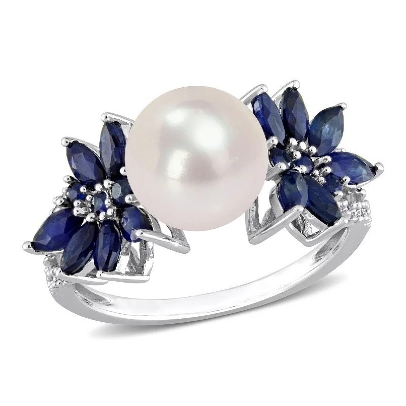 Offset design ring-Miadora 9-9.5mm Cultured Freshwater Pearl 3/8ct TGW Sapphire 1/8ct TW Diamond Ring in 14k White Gold