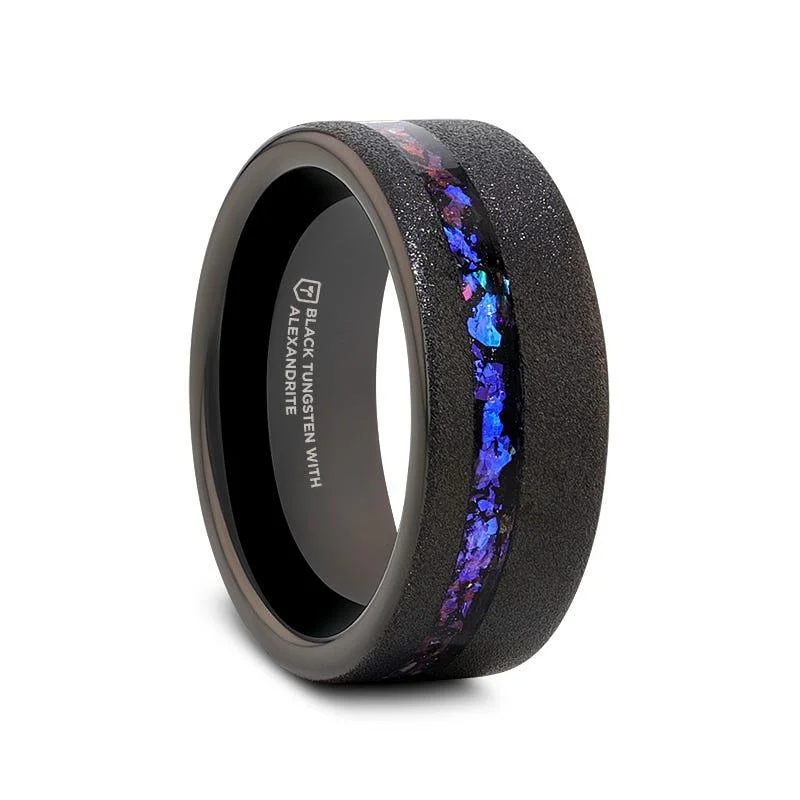 Rich garnet ring-MIRAGE Sandblasted Black Tungsten Alexandrite & Dark Blue & Purple Crushed Goldstone