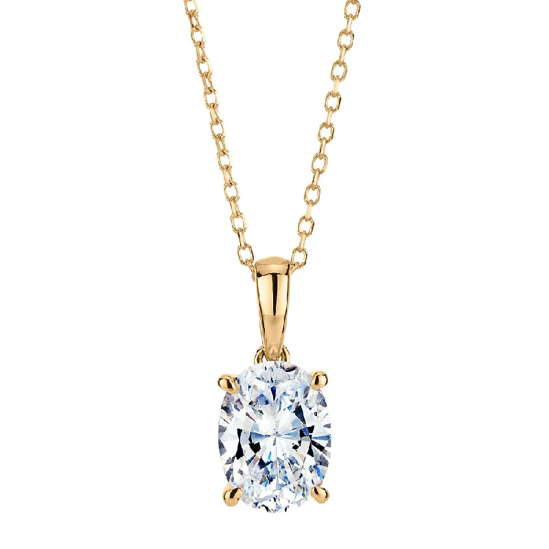 Fine-edged necklace-Oval and Round Brilliant solitaire pendant with 1.25 carats* of diamond simulants in 10 carat yellow gold