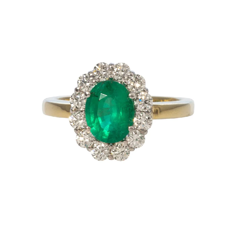 Rising band ring-Oval Emerald & Diamond Cluster 18K Two Tone Gold Ring