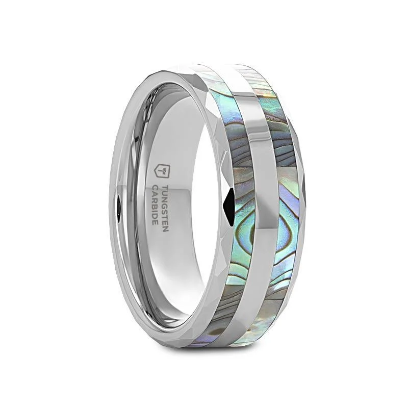 Elevated tier ring-PAUA Abalone Shell Inlay Faceted Tungsten Ring With Beveled Polished Edges - 8mm