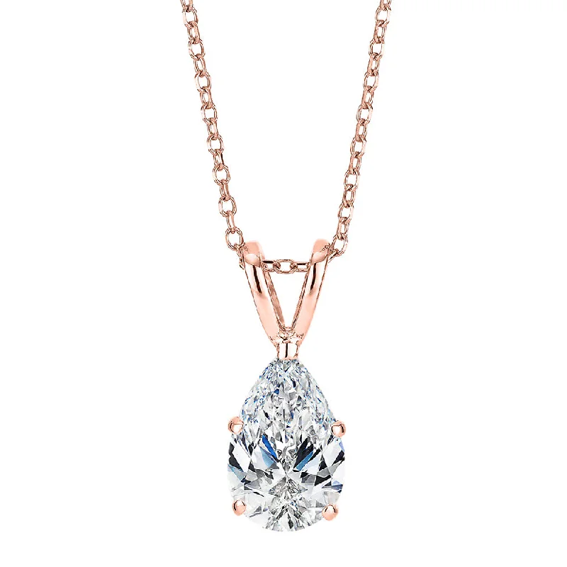 Leaning gem necklace-Pear solitaire pendant with 1 carat* diamond simulant in 10 carat rose gold