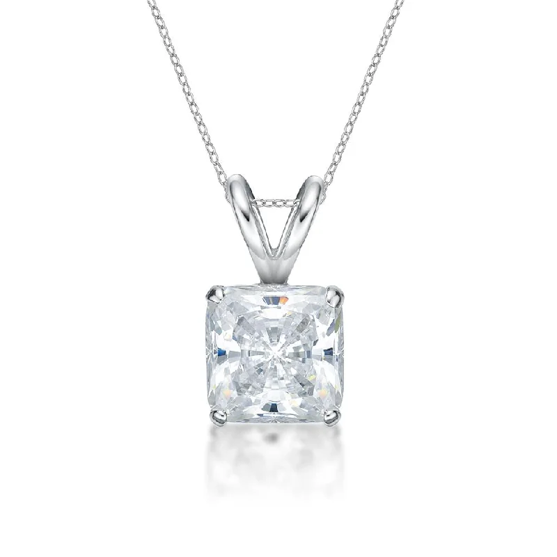 Thick-set pave necklace-Princess Cut solitaire pendant with 1.5 carat* diamond simulant in 10 carat white gold