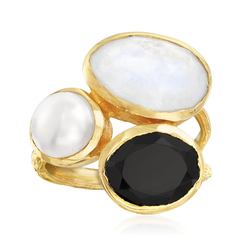 Drifting diamond ring-Ross-Simons 8mm Cultured Pearl, Black Onyx and Moonstone Ring in 18kt Gold Over Sterling