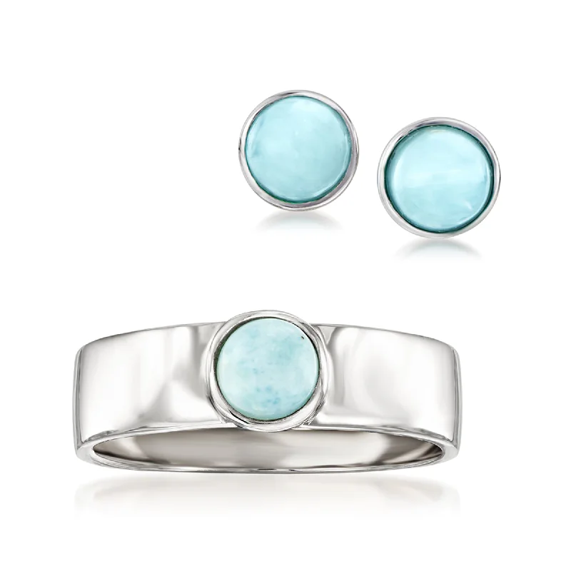 Octagon gem ring-Ross-Simons Larimar Jewelry Set: Stud Earrings and Ring in Sterling Silver