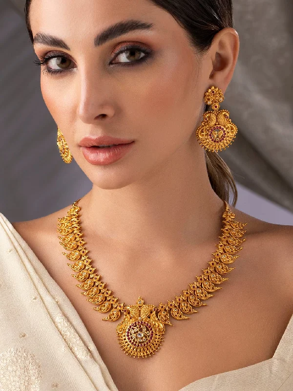 Satin granite necklace-Rubans 22K Gold Plated Handcrafted  Faux Ruby & Filigree Traditional Necklace Set