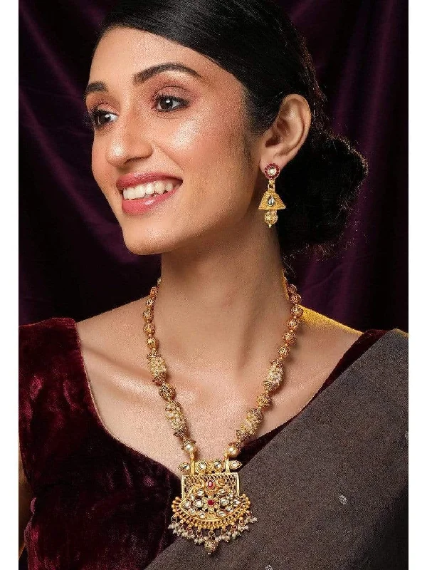 Coarse sapphire necklace-Rubans 24K Gold Plated Handcrafted White Kundan & Antique Gold Filigree Beads Necklace Set