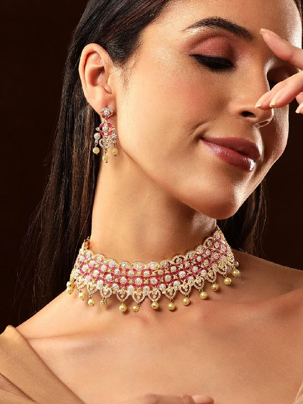 Leaning gem necklace-Rubans Finely Handcrafted Gold Plated CZ and Faux Ruby And Pearl Studded Statement Choker Necklace Set