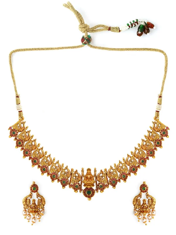 Shiny molybdenum necklace-Rubans Gold Plated Color Stone Temple Necklace Set