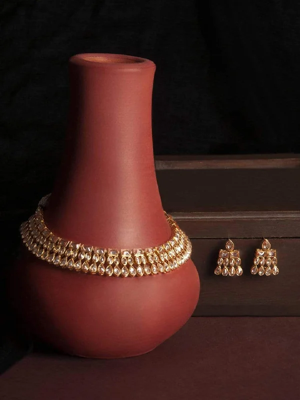 Glossy stone necklace-Rubans Gold-Plated Indian Traditional Kundan Necklace Set For Women